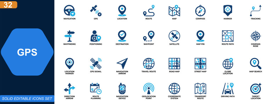 Navigation and GPS icon set. Location, route, map, compass, marker, tracking, wayfinding, positioning, satellite, destination, navigation device. Editable icons collection. Vector.