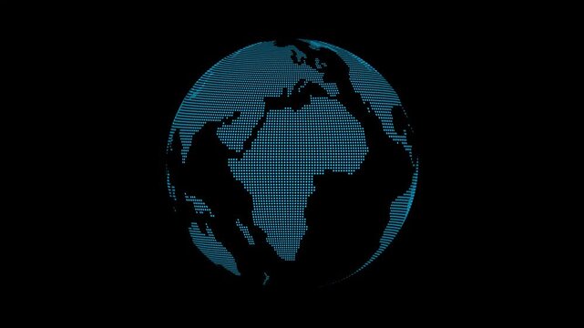 Animation of spinning globe of the Earth planet from glowing blue particulars on dark background, 4K seamless loop earth globe animation, Concept of technology, engineering, science. news background

