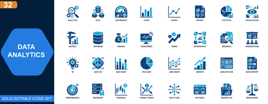 Data analytics icon set. Dashboard, charts, reports, statistics, business intelligence, data visualization, metrics, database monitoring. Editable icons collection. Vector.