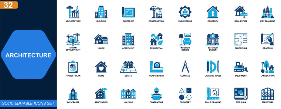 Architecture icon set for building design and urban development. blueprint, construction, engineering, property, city, residential, interior. Editable icons collection. Vector.