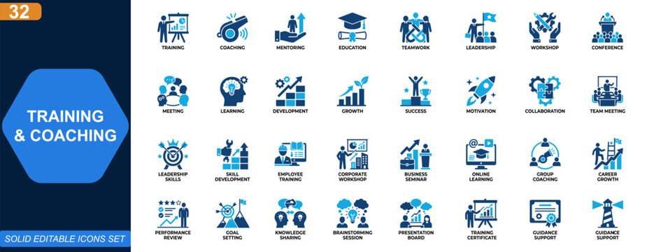 Training and coaching icon set. Mentoring, education, teamwork, leadership, workshop, meeting, conference, professional development. Editable icons collection. Vector.