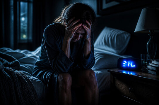 Frustrated woman sitting on the edge of a bed holding her head in her hands while suffering from insomnia late at night with a digital clock showing 3:14 AM.