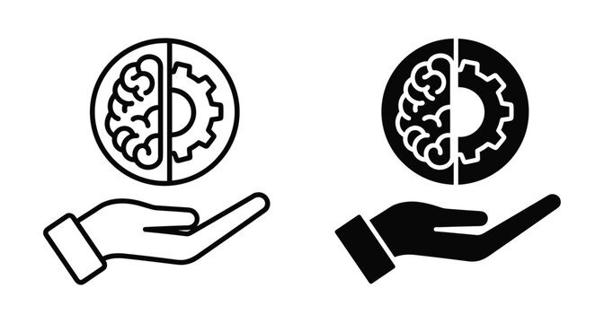 Human brain and gear icon held by hand representing artificial intelligence machine learning cognitive technology innovation logic and creative thinking process