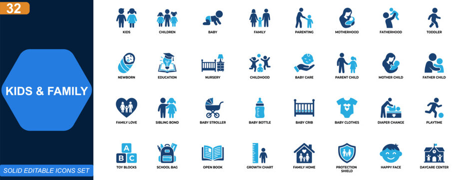 Kids and Family Icon Set. Children, baby care, parenting, motherhood, fatherhood, education, nursery, childhood, toddler activities. Editable icons collection. Vector.