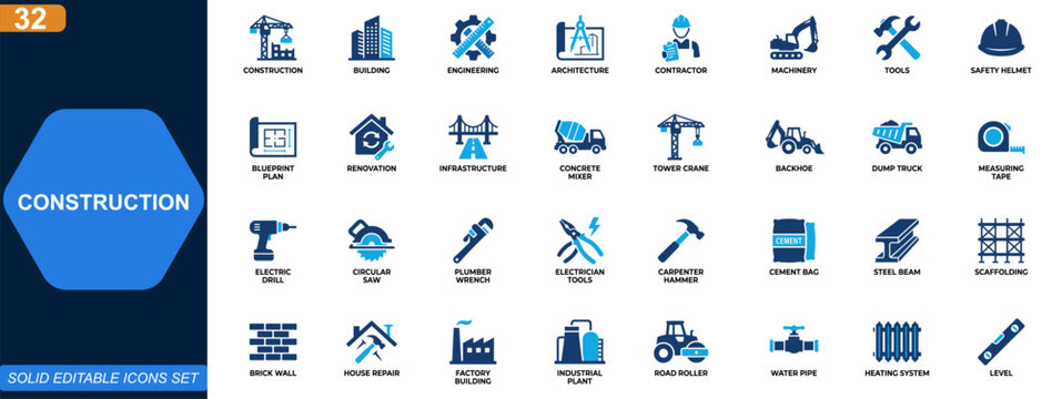 Construction icon set. Building, engineering, architecture, contractor, machinery, tools, safety equipment, renovation, civil infrastructure. Editable icons collection. Vector.