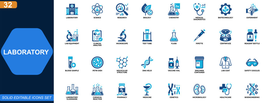 Laboratory icon set. Science research, biology, chemistry, medical diagnostics, biotechnology, lab equipment, experiment tools, clinical analysis. Editable icons collection. Vector.