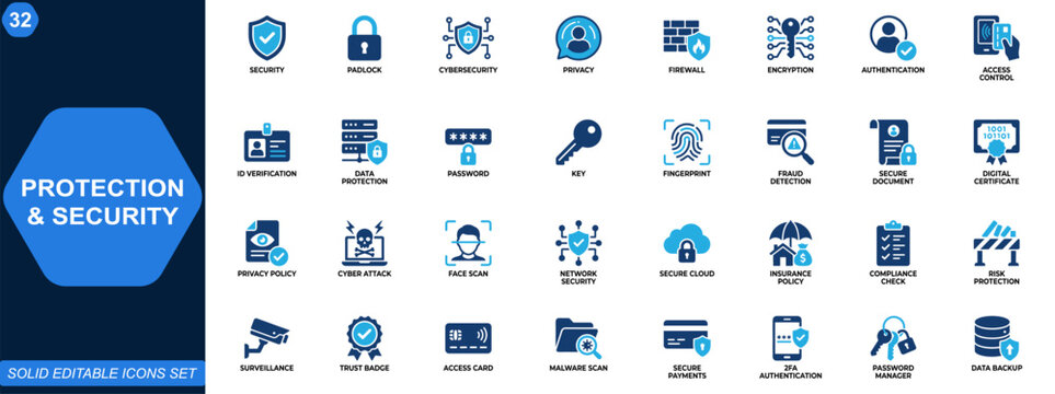 Protection and Security Icon Set. Cybersecurity, privacy, shield, lock, access control, data protection, firewall, identity verification. Editable icons collection. Vector.