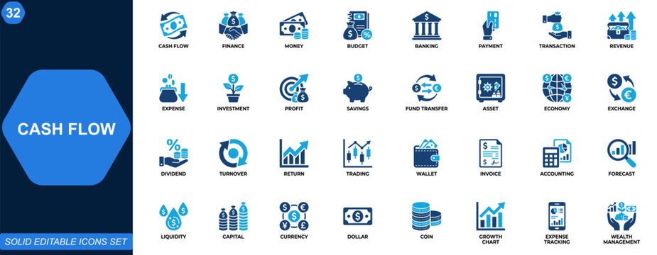 Cash Flow and Finance Icon Set. Money management, budgeting, banking, transactions, payments, revenue, expense, investment, growth. Editable icons collection. Vector.