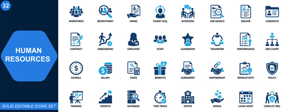 Human resources icon set for recruitment and workforce operations. Hiring, talent acquisition, employee management, payroll, interview process, corporate HR tools. Editable icons collection. Vector.