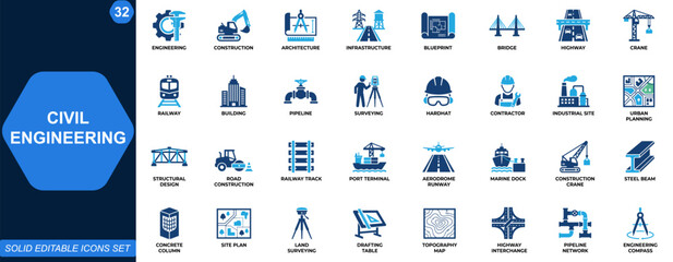 Civil engineering icon set for construction and infrastructure design. Architecture, blueprint, bridge, highway, crane, railway, pipeline, surveying. Editable icons collection. Vector. © aura studio
