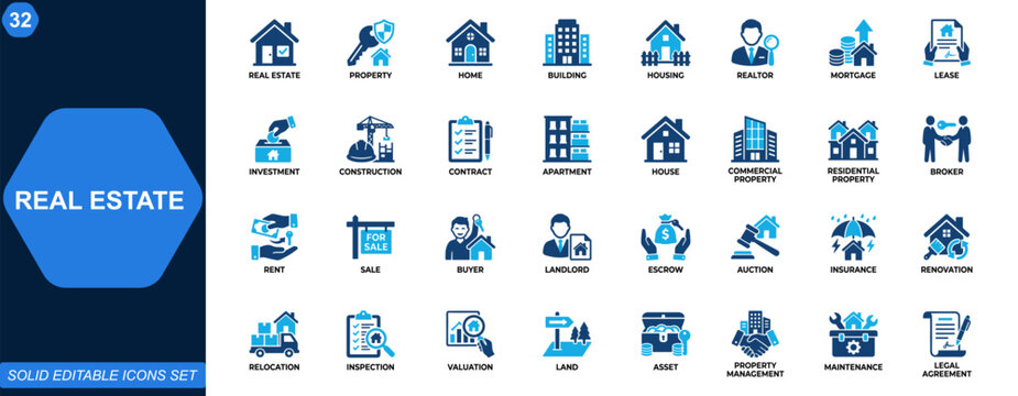 Real estate icon set. Property, home, building, housing, realtor, mortgage, lease, investment, construction, contract, commercial, residential. Editable icons collection. Vector.