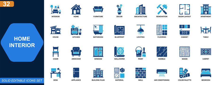 Home interior design icon set. Furniture, decor, architecture, room layout, renovation, kitchen, bathroom, blueprint, lighting, flooring. Editable icons collection. Vector.