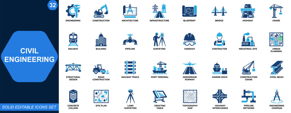 Civil engineering icon set for construction and infrastructure design. Architecture, blueprint, bridge, highway, crane, railway, pipeline, surveying. Editable icons collection. Vector.