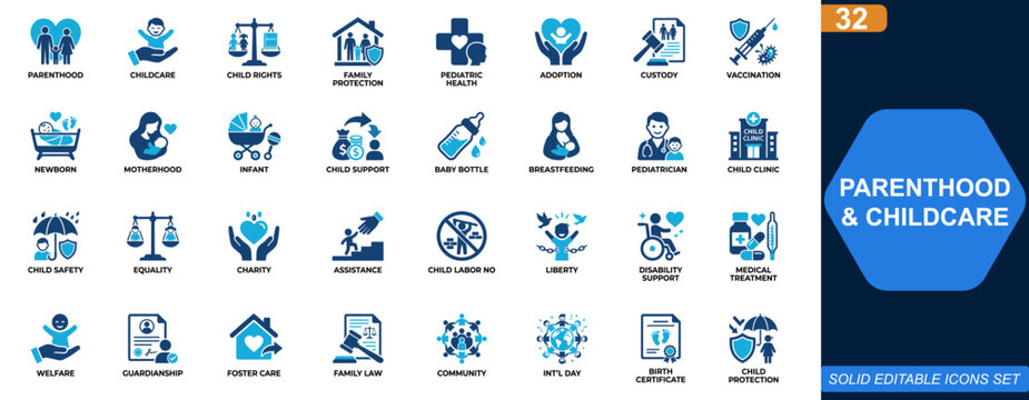 Parenthood and Childcare Icon Set. Children rights, family protection, pediatric healthcare, adoption custody, vaccination support, newborn care. Editable icons collection. Vector.