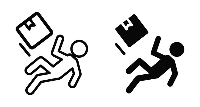 delivery man falling down and dropping cardboard box package accident workplace safety hazard icon set outline and solid silhouette style