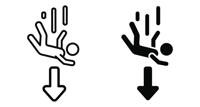 Falling person icon set showing man dropping down with arrow and motion lines representing accident risk danger failure and gravity
