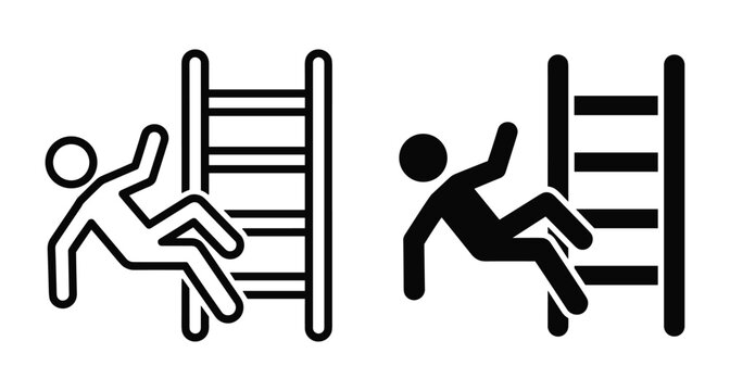 Stick figure man falling off a ladder icon set representing workplace accident hazard safety warning sign and industrial injury risk