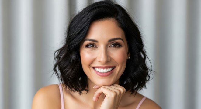 A beautiful young woman with dark hair and a bright smile posing in front of a blurred background