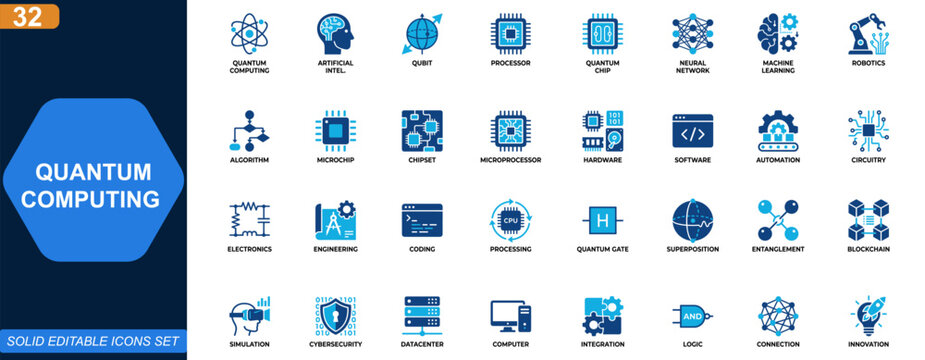 Quantum computing and artificial intelligence icon set. Qubit processor, neural network, machine learning, quantum chip, microprocessor, robotics, algorithm. Editable icons collection. Vector.
