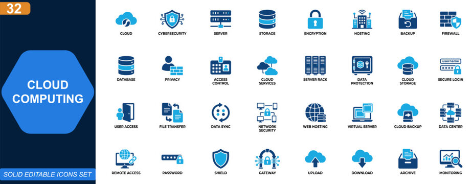 Cloud computing and cybersecurity icon set. Cloud services, server infrastructure, data protection, encryption, storage, hosting, backup, access control. Editable icons collection. Vector.