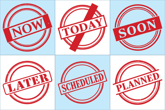 Flat vector illustration featuring six circular stamps with timeline-related labels: Now, Today, Soon, Later, Scheduled, Planned.