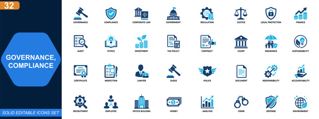 Obraz premium Governance and compliance icon set. Corporate law, government authority, finance regulation, audit, ethics, investment oversight, legal protection, tax policy. Editable icons collection. Vector.