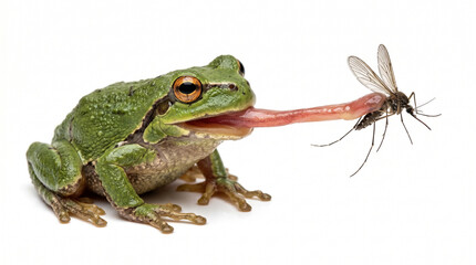 Fototapeta premium Frog catching a mosquito with its tongue on a white background 