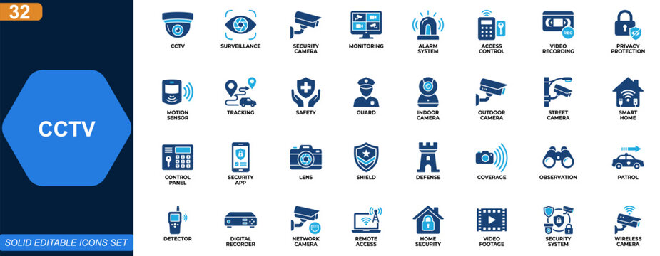 CCTV and surveillance icon set. Security cameras, monitoring system, video recording, privacy protection, smart home, alarm control, access control. Editable icons collection. Vector.
