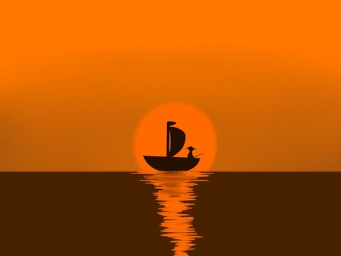 Minimalist digital illustration of a fisherman on a sailboat silhouette against a big orange sun and warm sunset sky