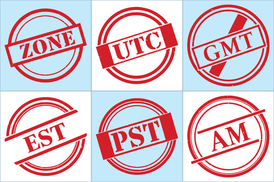 A flat vector graphic featuring six red stamped circles with time zone abbreviations: ZONE, UTC, GMT, EST, PST, AM.