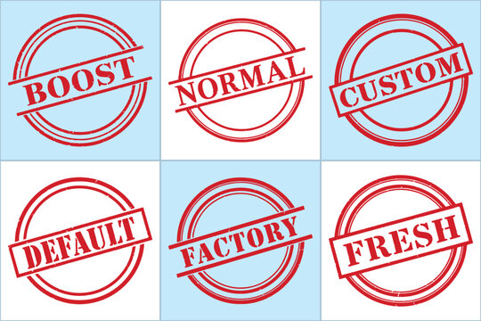 A flat vector graphic featuring six circular stamps with bold red text: Boost, Normal, Custom, Default, Factory, Fresh.