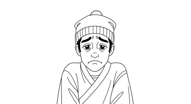Sad Young Man Wearing Traditional Hat and Robe.