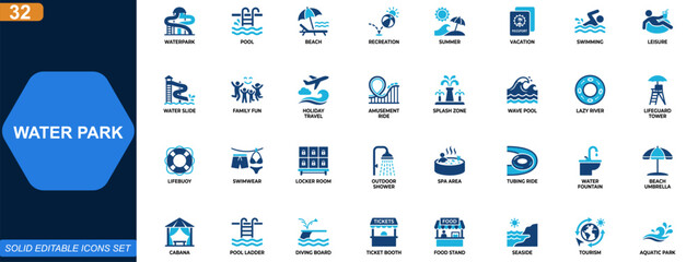 Water park and aquatic attractions icon set. Pool slides, beach recreation, summer vacation, swimming, leisure, family fun, holiday travel, entertainment park. Editable icons collection. Vector.