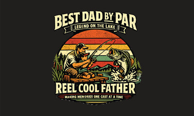 Fototapeta premium Vintage Father's Day badge with retro fishing scene and trophy illustration on dark grunge background
