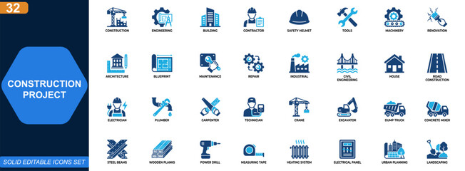 Fototapeta na wymiar Construction project icon set. Engineering, building, contractor, safety, tools, machinery, renovation, architecture. Editable icons collection. Vector.