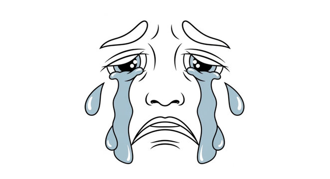 Sad Face Illustration With Tears Flowing Down Cheeks.