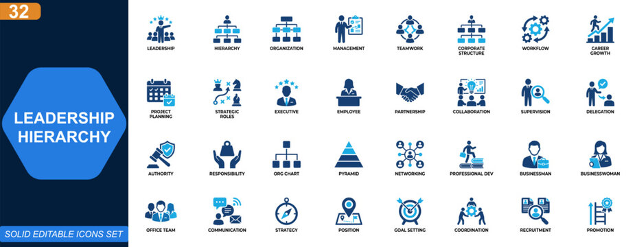 Leadership hierarchy icon set. Organizational structure, management, teamwork, corporate workflow, career growth, project planning, strategic roles. Editable icons collection. Vector.