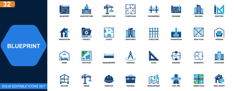 Blueprint icon set for architecture and construction planning. Floor plan, building design, engineering drawing, renovation project, drafting tools. Editable icons collection. Vector.