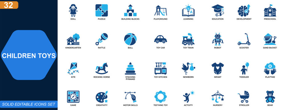 Children toys icon set. Baby, toddler, infant, doll, puzzle, building blocks, playground, learning, development, preschool, entertainment. Editable icons collection. Vector.