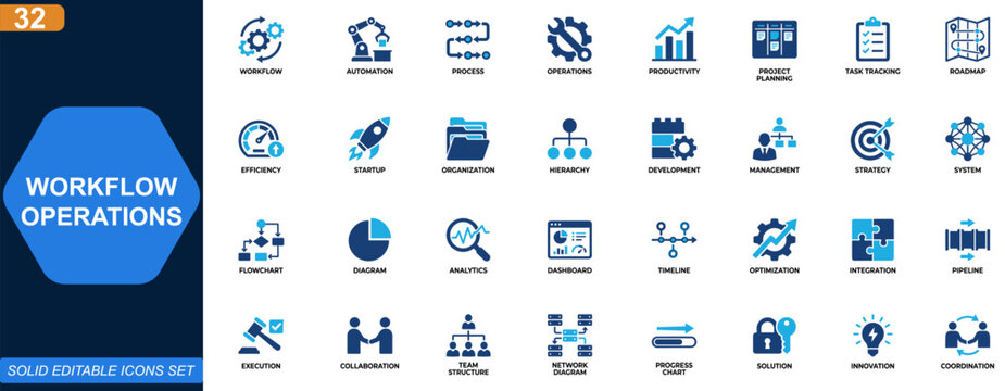 Workflow and operations icon set. Process automation, productivity management, project planning, task tracking, business efficiency, roadmap strategy. Editable icons collection. Vector.