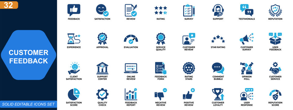 Customer feedback and client satisfaction icon set. Review, rating, survey, support, testimonials, experience, reputation, service quality. Editable icons collection. Vector.