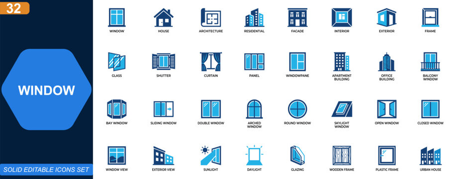 Window icon set for architecture and home design. Residential facade, interior, exterior, frame, shutter, glass panel, apartment building. Editable icons collection. Vector.