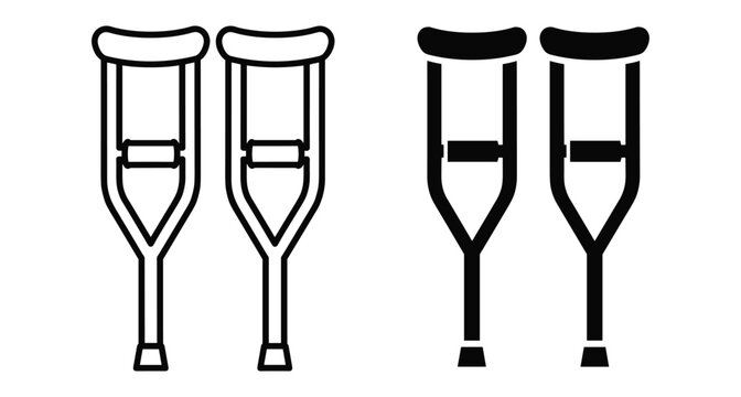 Medical crutches icon set featuring outline and solid black silhouette styles for healthcare mobility aid disability support and injury recovery