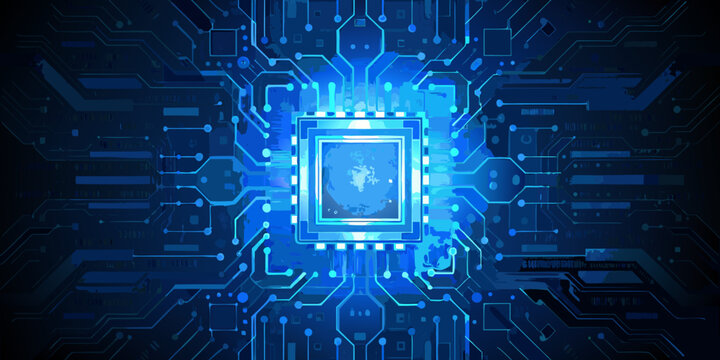 computer chip with circuit board pattern blue digital illustration