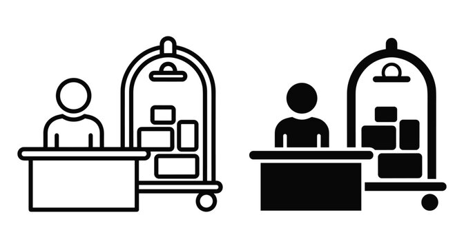 Hotel reception desk icon set with concierge staff member and luggage trolley cart with suitcases for travel and hospitality service