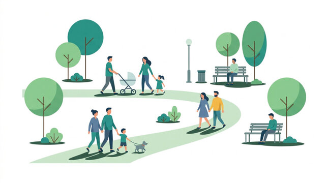 Flat vector people walking in public park, diverse families and couples enjoying outdoor leisure activities, green urban garden landscape with trees