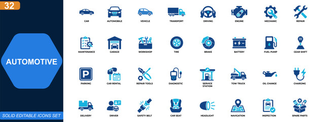 Naklejka na ściany i meble Automotive icon set for cars and vehicles. car, automobile, transport, driving, engine, mechanic, repair, maintenance. Editable icons collection. Vector.
