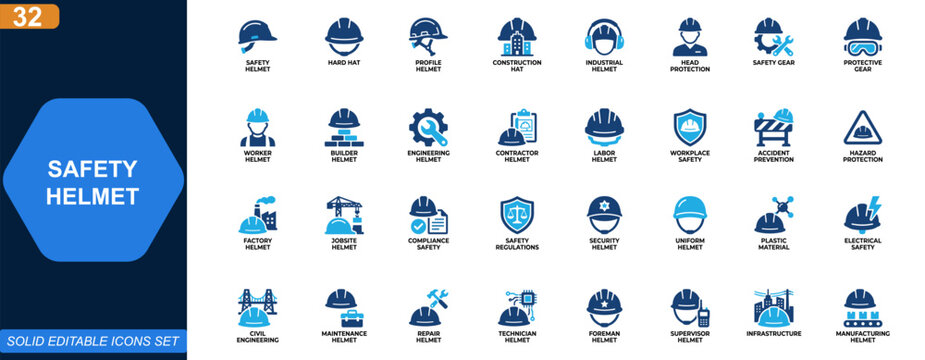 Safety helmet icon set. Hard hat, construction protection, industrial safety gear, worker equipment, engineering, contractor, labor security. Editable icons collection. Vector.