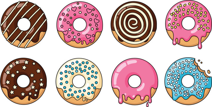 Vector illustration of assorted donuts with colorful frostings and sprinkles, transparent background, sweet treats, dessert collection, bakery items, fun snack, and tasty pastries