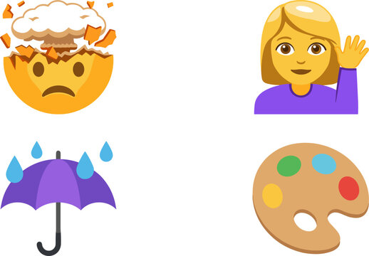 Colorful vector emoji icon set featuring exploding head mind blown face waving hand woman purple umbrella and art palette
